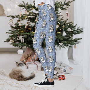 Schneeleopard Winter Eleganz Blaue Schneeflocken Leggings