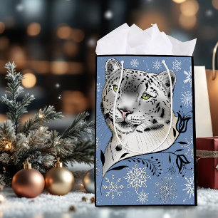 Schneeleopard Winter Eleganz Blaue Schneeflocken Mittlere Geschenktüte