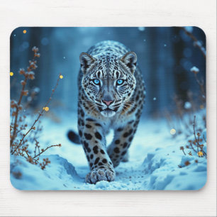 Schneeleopard Winter majestätisch blauer mit Augen Mousepad