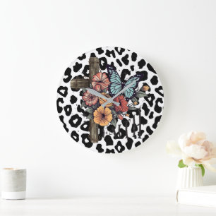 Schneeleopardenkreuz, Blumen und Schmetterlinge Große Wanduhr
