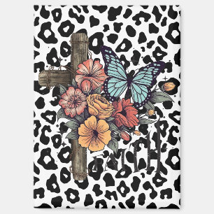 Schneeleopardenkreuz, Blumen und Schmetterlinge Magnet