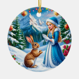 Schneemädchen in einer winterlichen Waldszene mit  Keramik Ornament