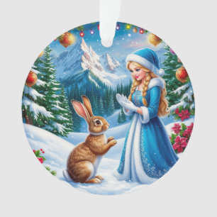 Schneemädchen in einer winterlichen Waldszene mit  Ornament