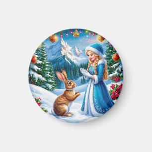 Schneemädchen in winterlicher Waldszene mit Kaninc Magnet
