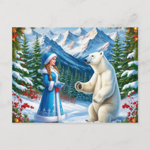Schneemädchen mit festlicher Dekoration und Eisbär Feiertagspostkarte