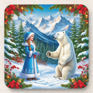 Schneemädchen mit festlicher Dekoration und Eisbär Getränkeuntersetzer