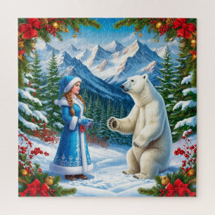 Schneemädchen mit festlicher Dekoration und Eisbär Puzzle