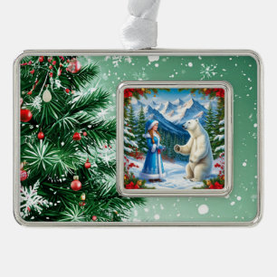 Schneemädchen mit festlicher Dekoration und Eisbär Rahmen-Ornament Silber