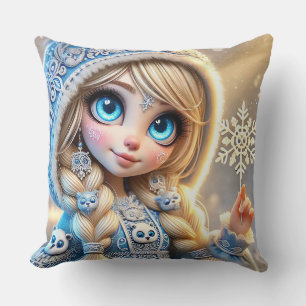 Schneemädchen mit glitzerndem Schneeflocke Kissen