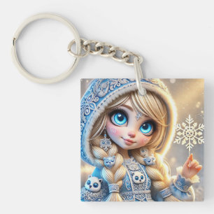 Schneemädchen mit glitzerndem Schneeflocke Schlüsselanhänger