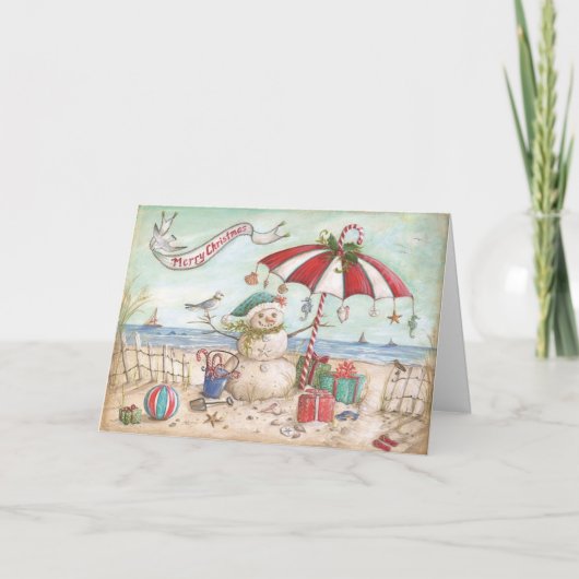 Schneemann am Strand Feiertagskarte (Vorderseite)