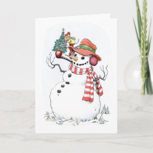 Schneemann am Weihnachtsbaum Karte