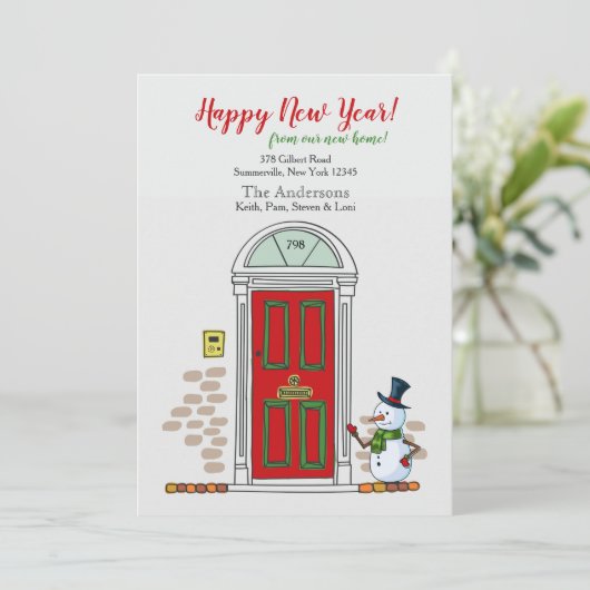 Schneemann an der Tür Neujahrsankündigung Einladung (Stehend Vorderseite)