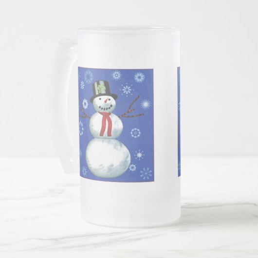 Schneemann auf blau mit Schneeflocken Mattglas Bierglas (Vorderseite Links)
