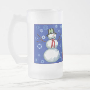 Schneemann auf blau mit Schneeflocken Mattglas Bierglas
