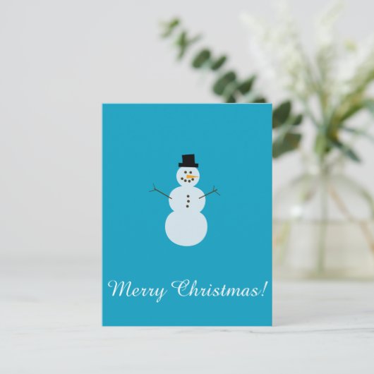 Schneemann auf blauem Hintergrund. Frohe Weihnacht Postkarte (Stehend Vorderseite)