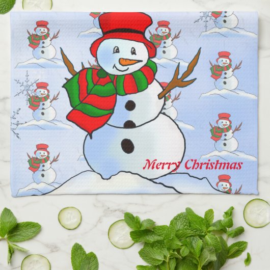 Schneemann auf blauem Hintergrund und Schneeflocke Geschirrtuch (Gefaltet)