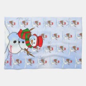 Schneemann auf blauem Hintergrund und Schneeflocke Geschirrtuch (Horizontal)