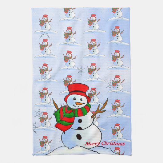 Schneemann auf blauem Hintergrund und Schneeflocke Geschirrtuch (Vertikal)