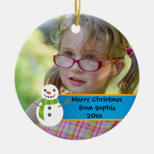 Schneemann auf Blue and Red Merry Weihnachten Foto Keramikornament