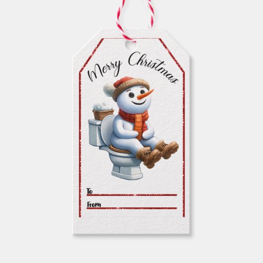 Schneemann auf der Toilette Weihnachtsmarke Geschenkanhänger (Vorderseite)