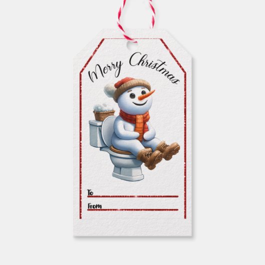 Schneemann auf der Toilette Weihnachtsmarke Geschenkanhänger (Rückseite)