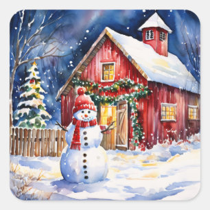 Schneemann auf einem vintage Bauernhof Weihnachten Quadratischer Aufkleber
