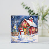 Schneemann auf einer Vintagen Farm Weihnachten Karte (Stehend Vorderseite)