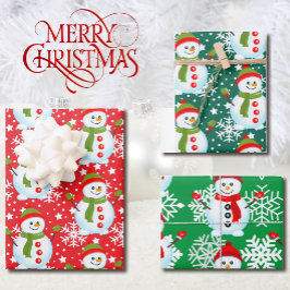 Schneemann auf Red & Green White Snowflakes Weihna Geschenkpapier Set