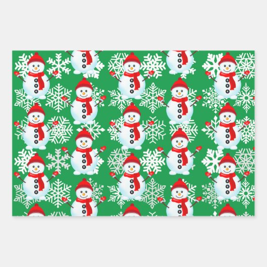 Schneemann auf Red & Green White Snowflakes Weihna Geschenkpapier Set (Vorderseite 3)