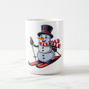 Schneemann auf Skiern in einem Zylinder mit einem Kaffeetasse