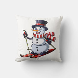 Schneemann auf Skiern in einem Zylinder mit einem Kissen