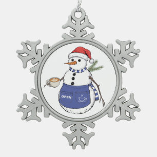 Schneemann-Barista-Weihnachten 2026 Holiday Kaffee Schneeflocken Zinn-Ornament
