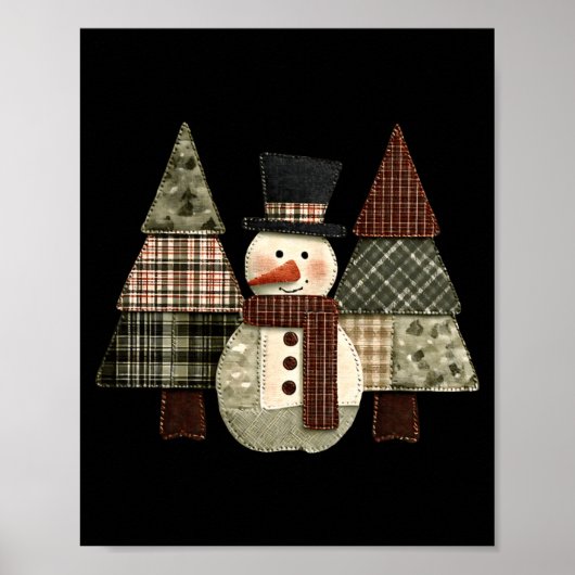 Schneemann Bäume Patchwork Kariert Bäume Rustikale Poster (Vorne)