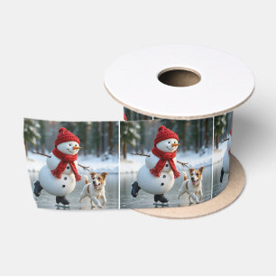Schneemann beim Eislaufen mit Hund an Weihnachten Satinband
