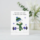 Schneemann beim Gewichtheben mit Sprüchen Postkarte (Stehend Vorderseite)