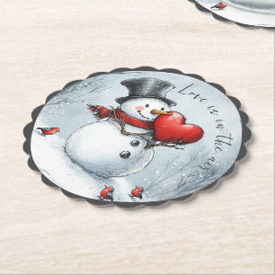Schneemann bietet Liebe mit einem großen Herzen Untersetzer