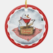 Schneemann-Blizzard-Picknick Weihnachtsbaumschmuck Keramikornament (Hinten)