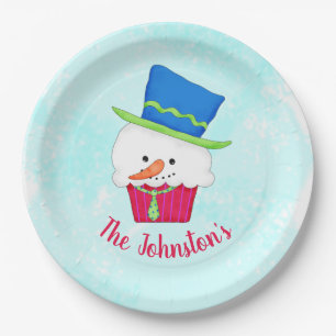 Schneemann-Cupcake-Name Personalisierte Dessert-Pa Pappteller