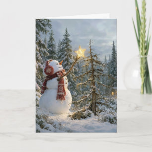 Schneemann dekoriert eine Tanne zu Weihnachten Karte