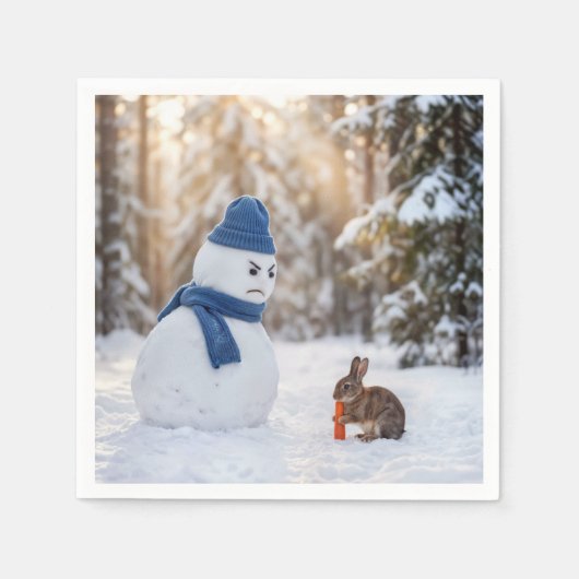 Schneemann, der einen Hasen böse ansieht Serviette (Vorderseite)