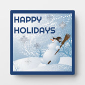 Schneemann, der im Winter gute Ferien hält, wünsch Fotoplatte (Vorderseite)