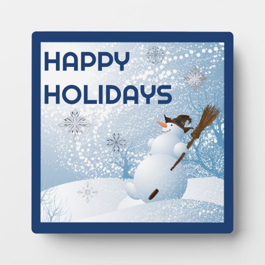 Schneemann, der im Winter gute Ferien hält, wünsch Fotoplatte (Vorderseite)