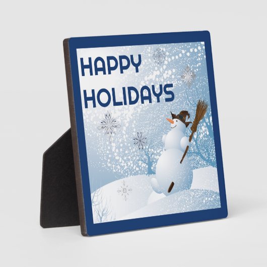 Schneemann, der im Winter gute Ferien hält, wünsch Fotoplatte (Vorderseite)