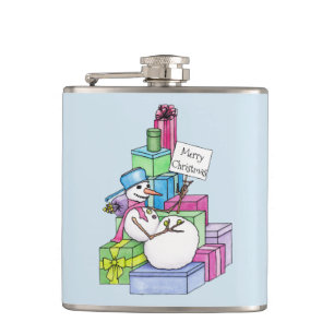 Schneemann entspannt auf Geschenken Flachmann