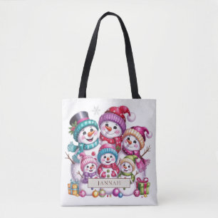 Schneemann-Familie mit sechs rosa lila Weihnachtsn Tasche
