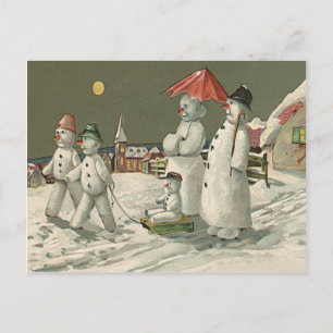 Schneemann Familie Winter Schneekirche spielen Postkarte