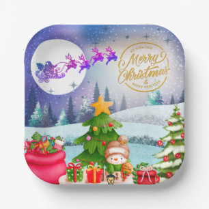 Schneemann Frohe Weihnachten Baum Geschenk & Frohe Pappteller