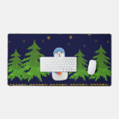 Schneemann, Funkelnd Goldsterne, grüner Baum in Bl Schreibtischunterlage (Tastatur & Maus)