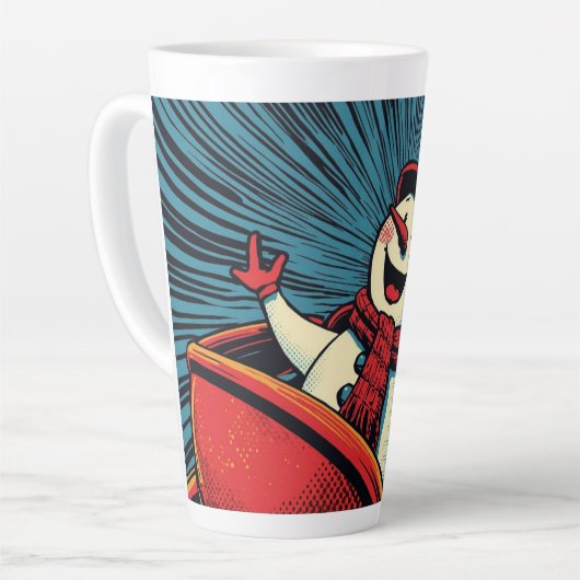 Schneemann genießt eine Rolle Untersetzer reiten. Milchtasse (Linke Ecke)